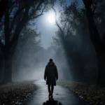 Lone figure walking along a winding forest path with a glowing Wolf Moon overhead and misty fog.