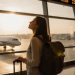 Woman checks departure board with worn leather backpack and suitcase near commercial airliner and private jet at airport