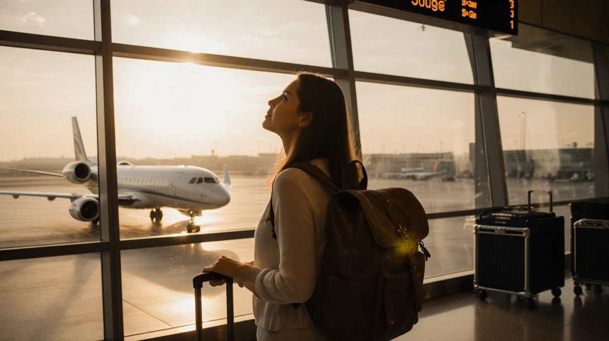 Woman checks departure board with worn leather backpack and suitcase near commercial airliner and private jet at airport