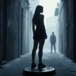 Woman stands in alley with hands clenched and weight plate on ground