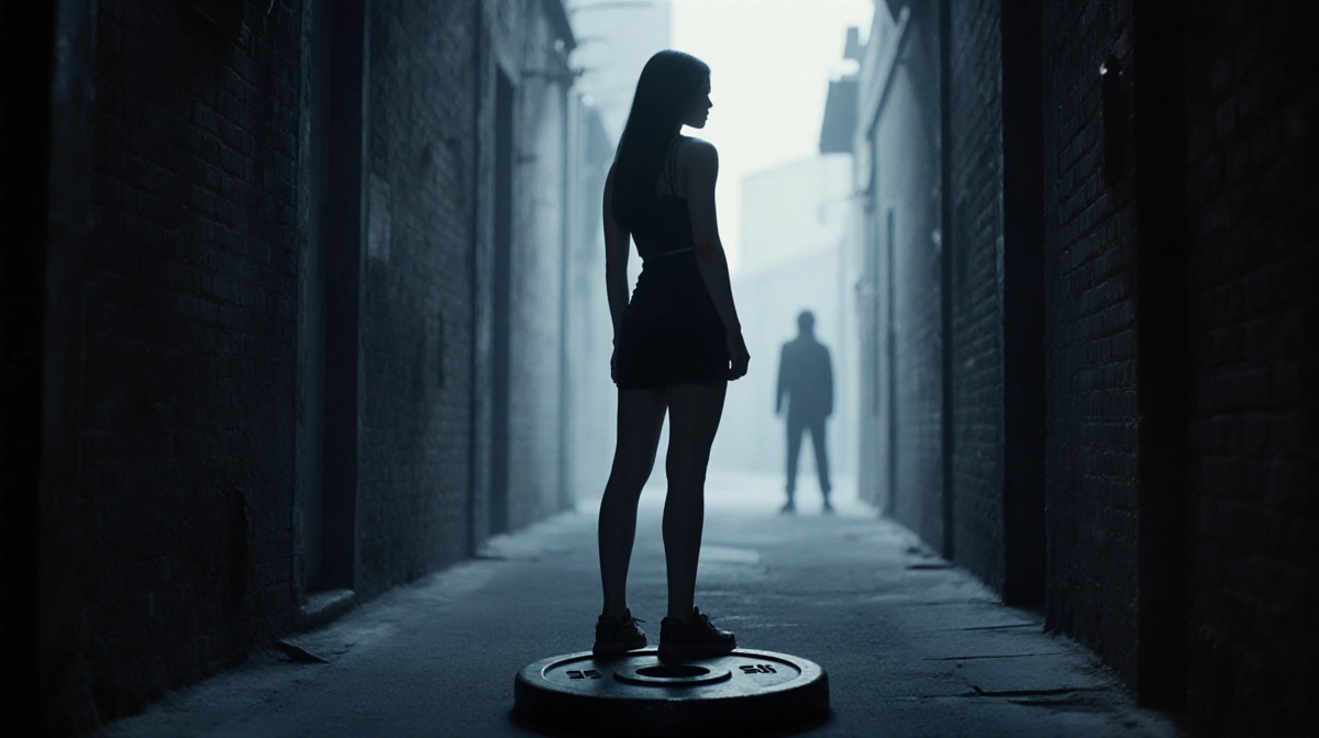 Woman stands in alley with hands clenched and weight plate on ground