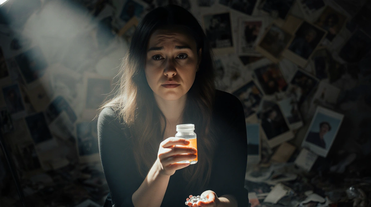 Woman holding pill bottle with hesitant expression sitting under spotlight with blurred photos scattered around dim room