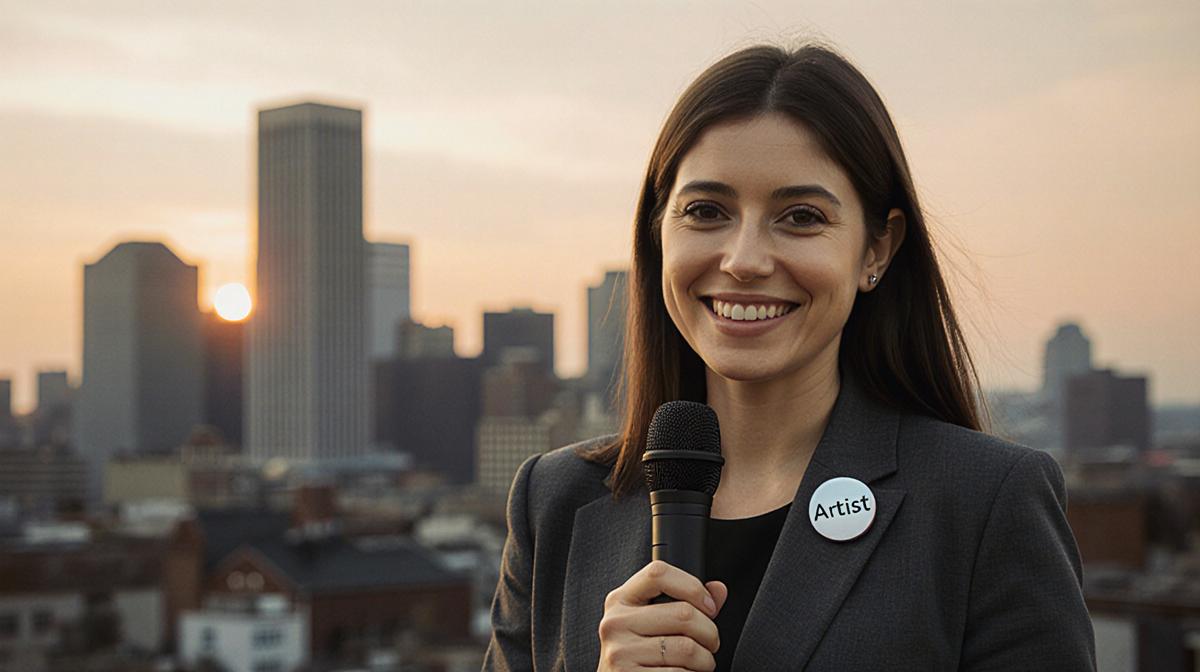 Woman artist holding microphone with confident smile in business suit near sunset skyline with Carnegie Museum building