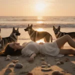 Young woman lies peacefully on beach at sunset with wild dogs surrounding her and golden light casting long shadows