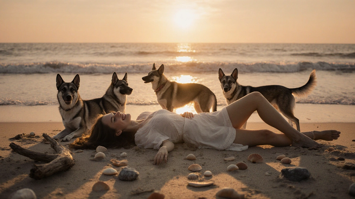Young woman lies peacefully on beach at sunset with wild dogs surrounding her and golden light casting long shadows