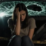 Young woman sits with head between knees in a crumpled sedan with glass reflecting emergency lights and police tape
