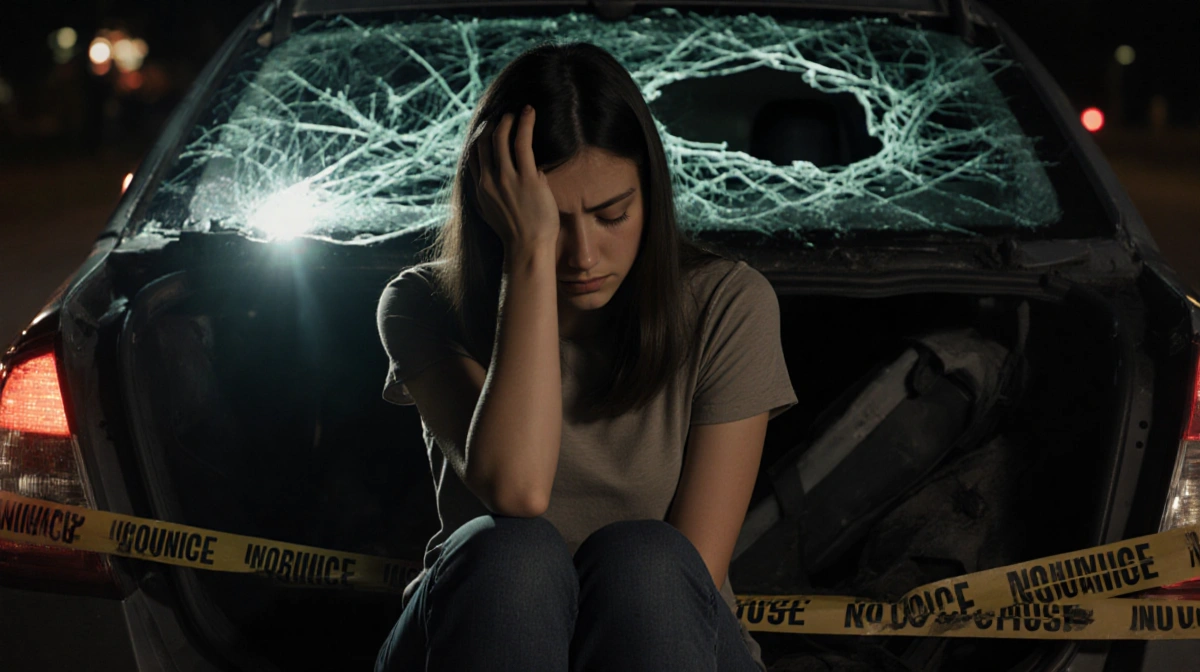 Young woman sits with head between knees in a crumpled sedan with glass reflecting emergency lights and police tape