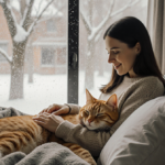 Woman stroking orange cat on cozy bed with soft blankets and frosted window showing stormy winter.