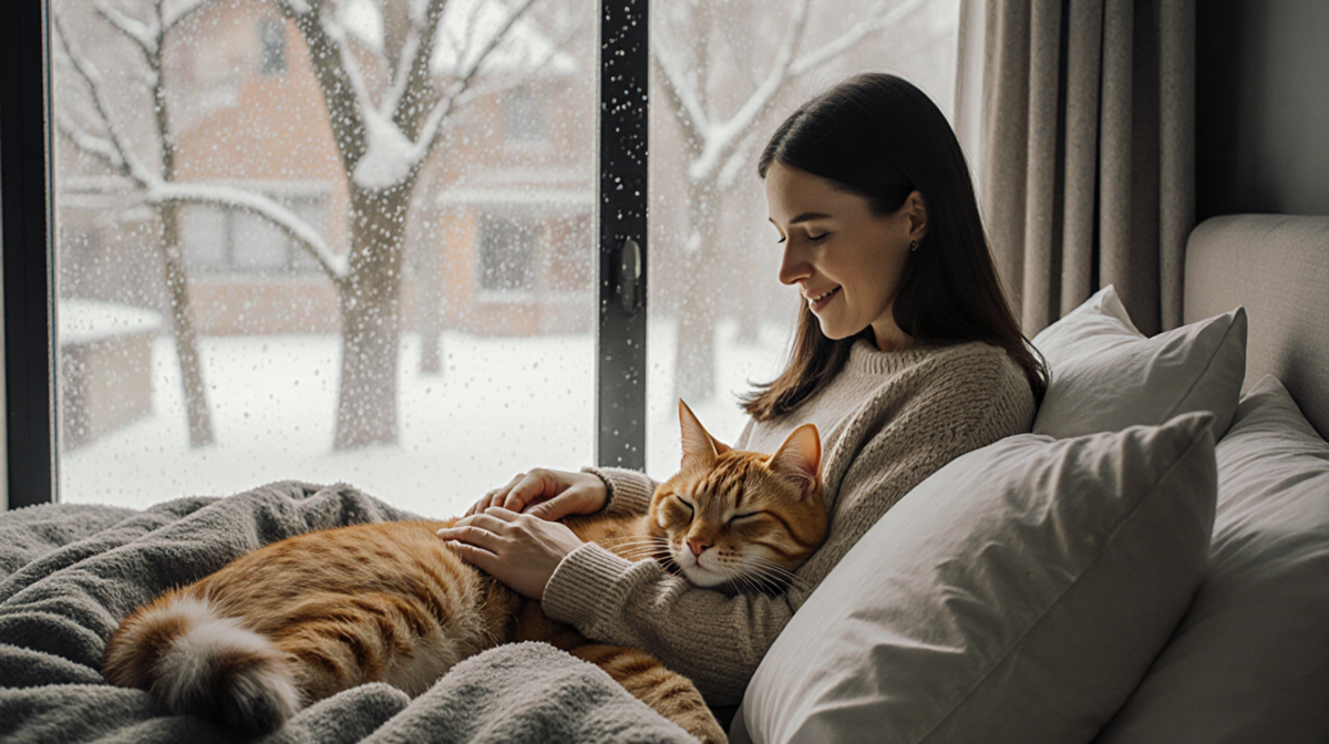 Woman stroking orange cat on cozy bed with soft blankets and frosted window showing stormy winter.