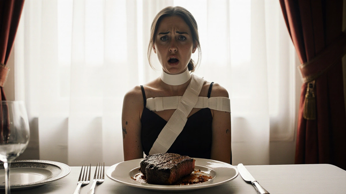 Woman sits at dinner table with half-eaten steak and medical bandages showing choking incident