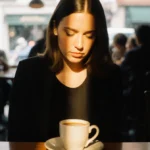 Woman sits alone at San Francisco cafe table with coffee cup and blurred crowd visible through window