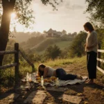 Woman checks on unconscious friend lying on blanket with empty bottles and fruit peels scattered on stone path