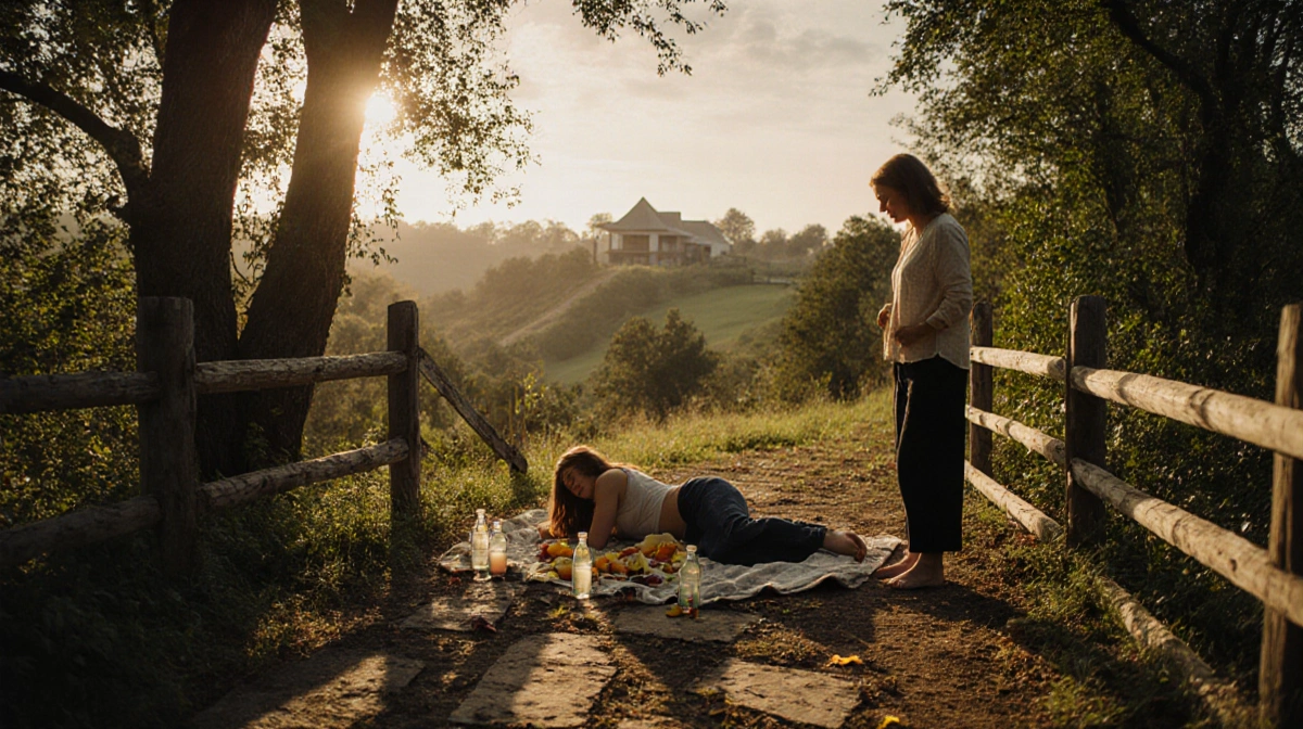 Woman checks on unconscious friend lying on blanket with empty bottles and fruit peels scattered on stone path