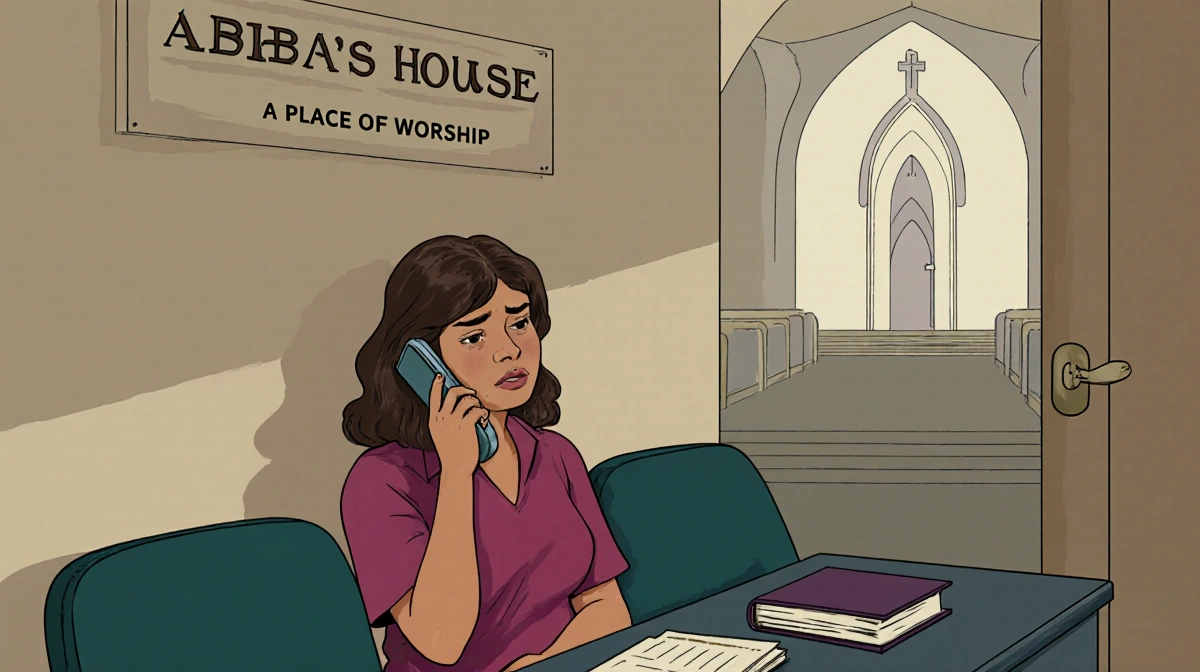 Woman sits worried with phone in church waiting area and counseling book showing marriage troubles