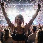 Woman celebrating at concert with arms raised and confetti falling as Taylor Swift stage lights glow behind her