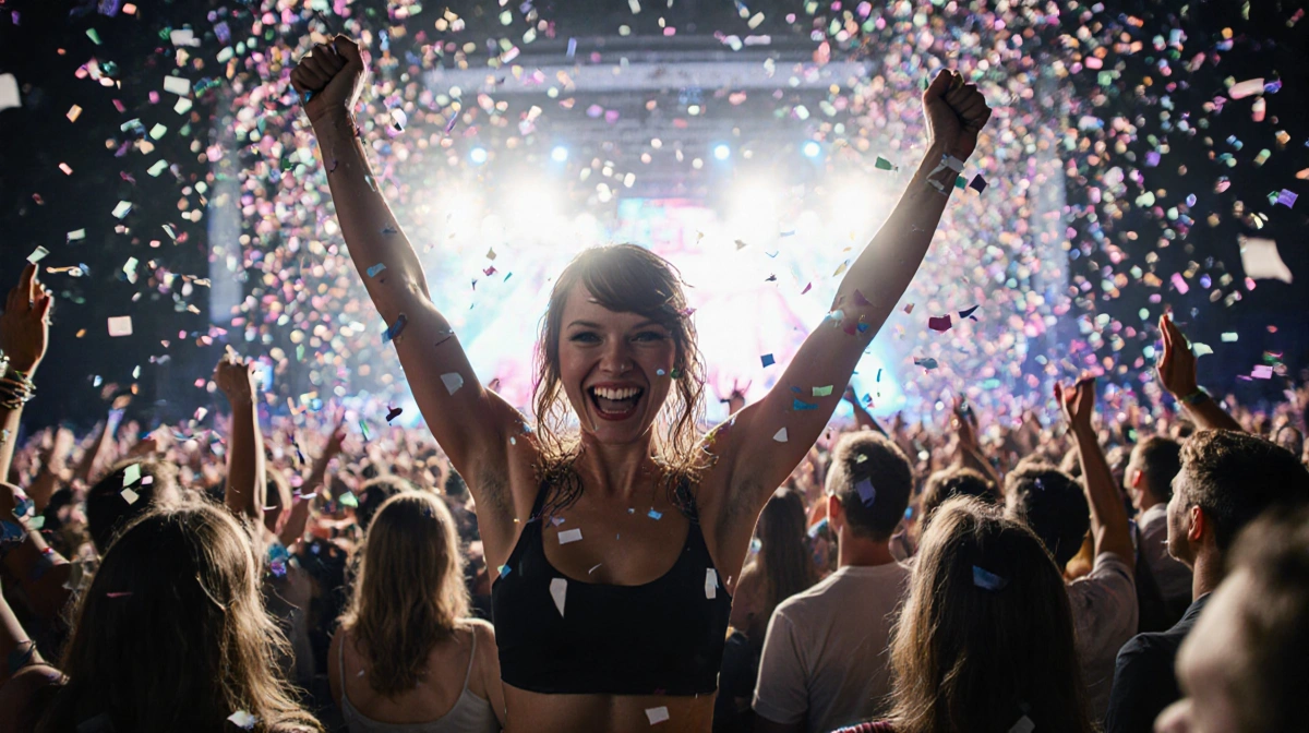 Woman celebrating at concert with arms raised and confetti falling as Taylor Swift stage lights glow behind her