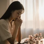 Young woman sits in prayer with cherry blossoms on table and sunset glow through window