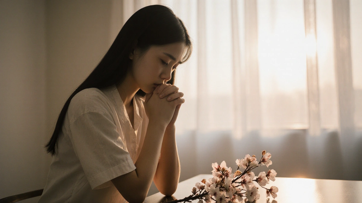 Young woman sits in prayer with cherry blossoms on table and sunset glow through window