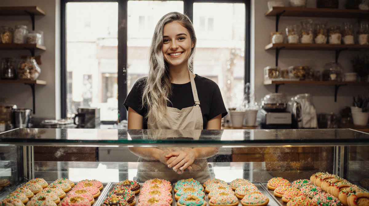 Young woman smiles behind cookie shop counter with colorful sprinkles and fresh treats in glass case (91 chars)