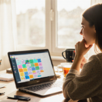 Woman sits at desk with Chromebook showing colorful planner and holding coffee mug near warm sunny window