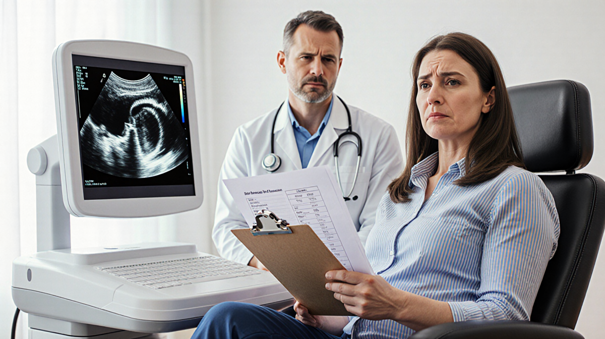 Woman sits in doctor's chair holding clipboard with chart while doctor looks frustrated and ultrasound machine shows uterus.
