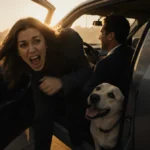 Woman frantically struggling to escape car door with dog cowering behind her and silhouette visible through window