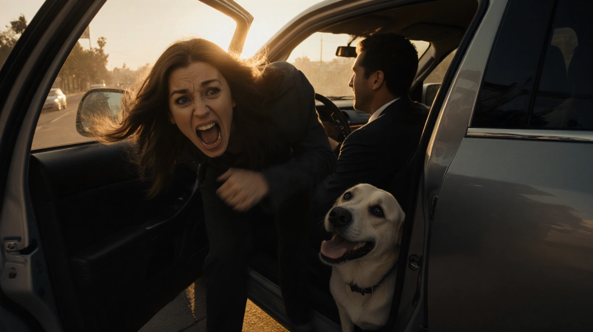 Woman frantically struggling to escape car door with dog cowering behind her and silhouette visible through window