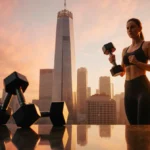 Woman lifting dumbbell with city skyline and sunset sky behind her showing fitness motivation