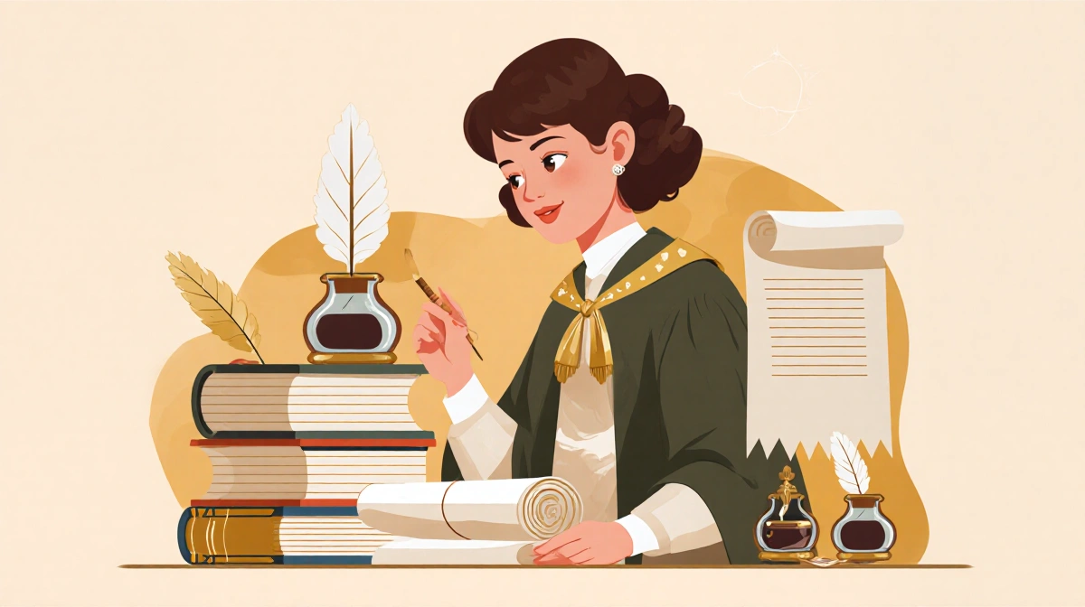 Woman arranging books and scrolls with quills and inkwell for academic achievements against warm neutral backdrop with gold