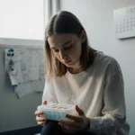 Young woman holding empty egg freezing container with soft window light and calendar on wall