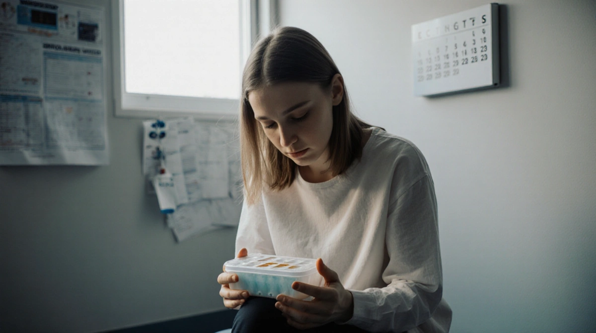 Young woman holding empty egg freezing container with soft window light and calendar on wall