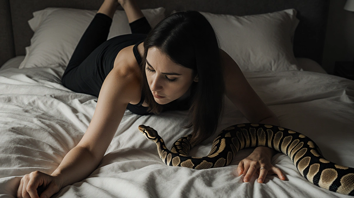 Woman carefully sliding away from large python on bed with hands gripping sheets and focused expression