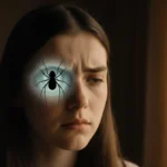 Young woman with determined expression shows parasite outline on eye with golden light from curtains behind