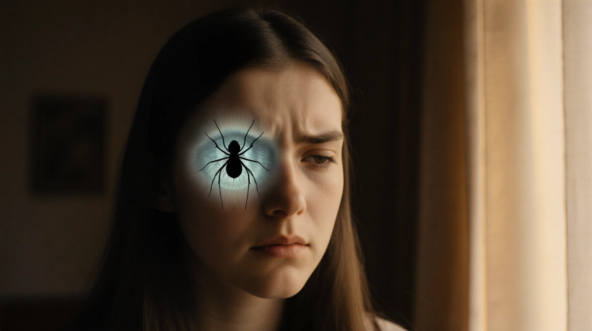 Young woman with determined expression shows parasite outline on eye with golden light from curtains behind