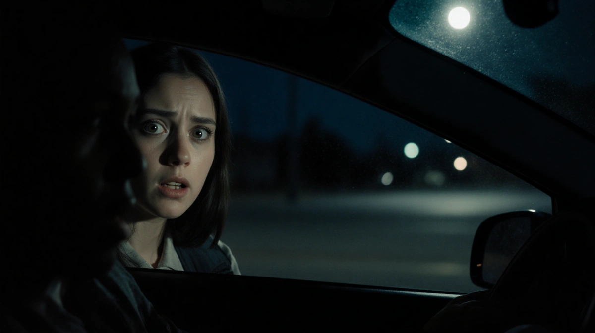 Young woman looks from car with wide eyes and fear showing in moonlight