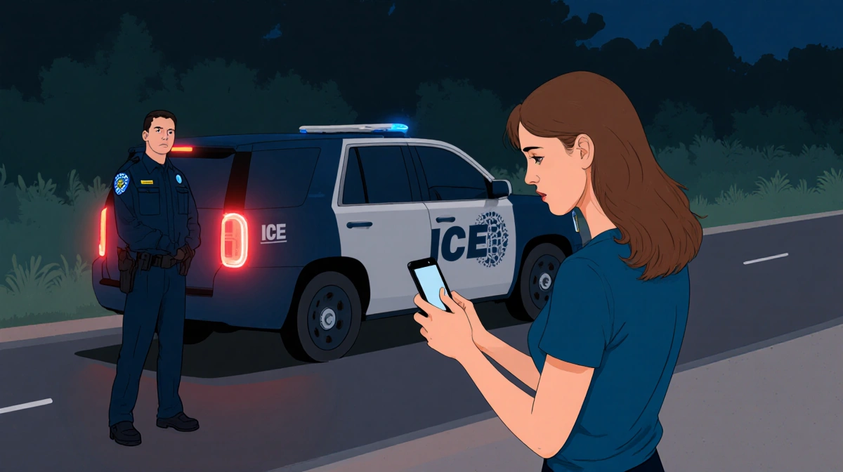 Woman filming ICE agent with glowing SUV brake lights behind her and defensive agent facing camera