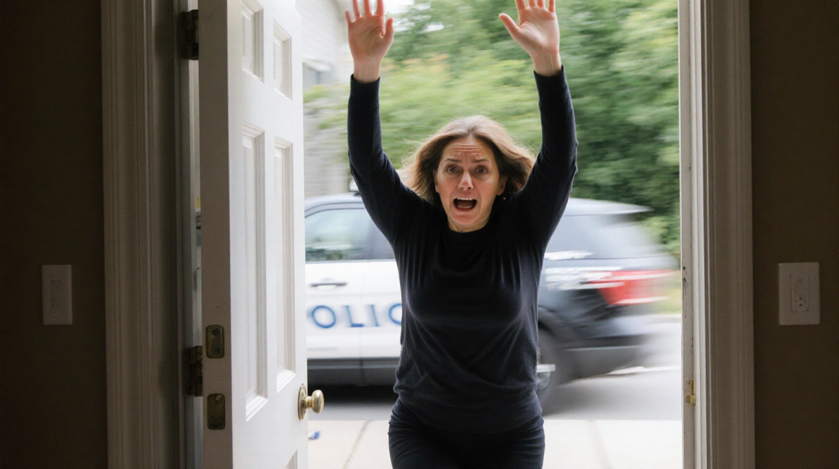 Woman running from house with arms raised and police car approaching in background