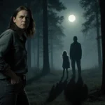 Woman stands at forest edge with hand reaching into pocket while two figures appear in moonlit distance