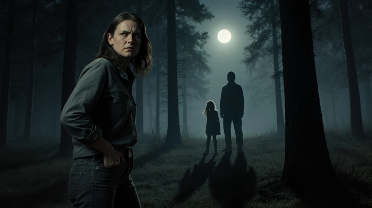 Woman stands at forest edge with hand reaching into pocket while two figures appear in moonlit distance