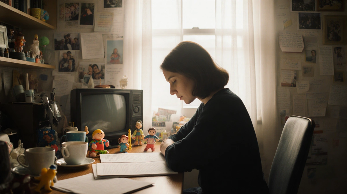 Woman sits at cluttered desk with morning coffee and family photos showing grief and resilience
