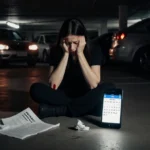 Woman sits alone in parking garage with flashers on dashboards and torn insurance policy near her feet