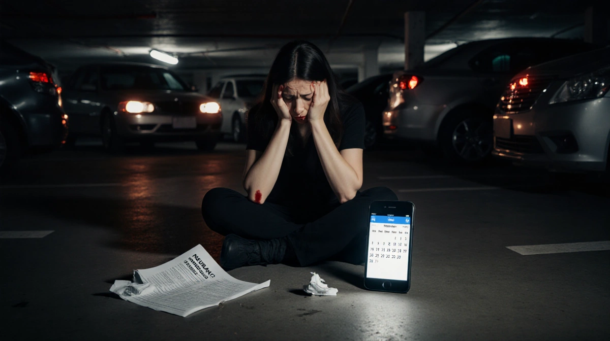 Woman sits alone in parking garage with flashers on dashboards and torn insurance policy near her feet