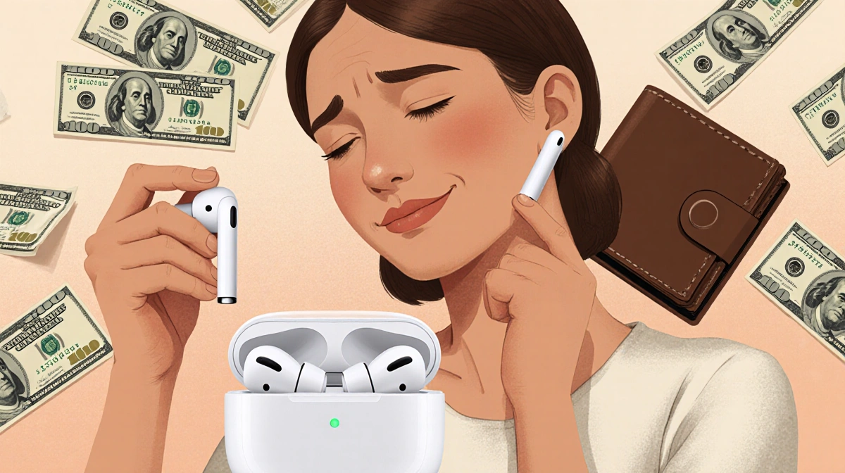Woman holding Soundcore P20i earbuds with a smile and scattered AirPods with wallet showing cash behind her