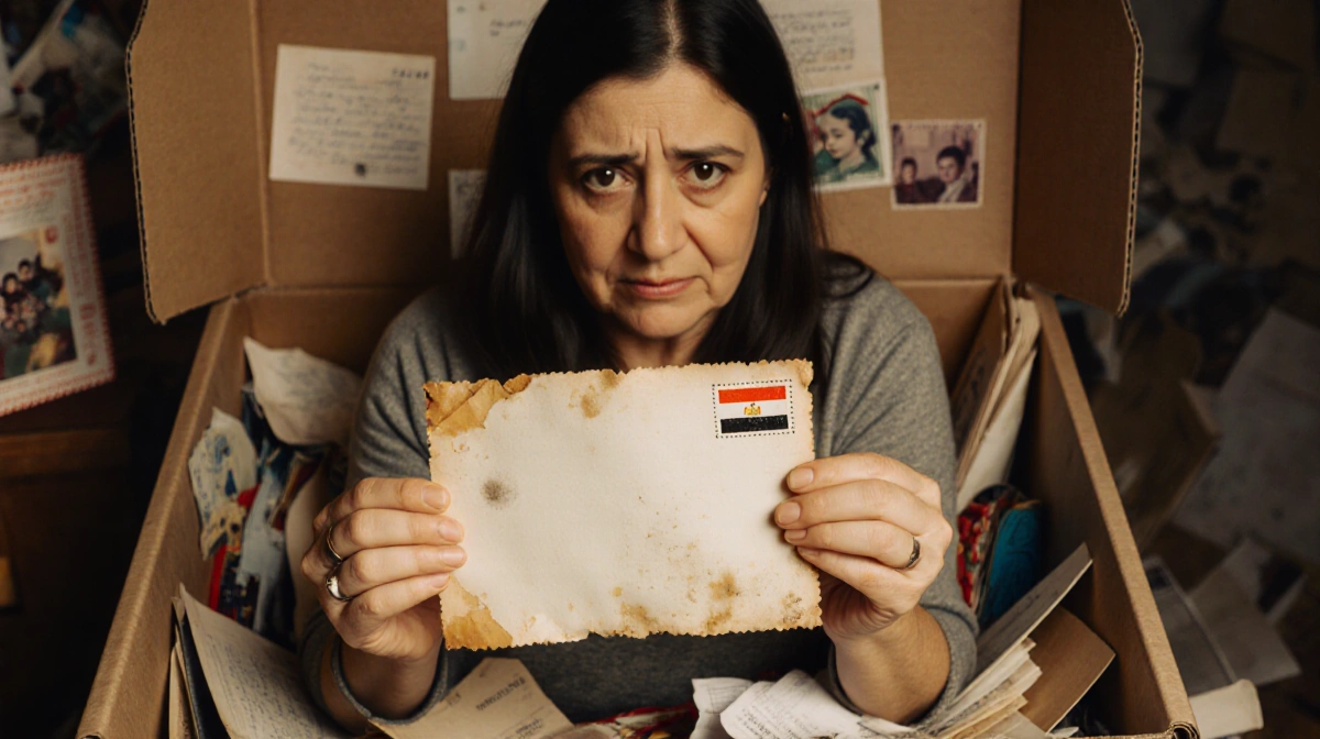 Woman holds old letter with Egyptian stamp and yellowed edges while sitting with childhood memorabilia around her