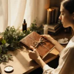 Woman holding leather journal with candles and personal care items on wooden desk near window