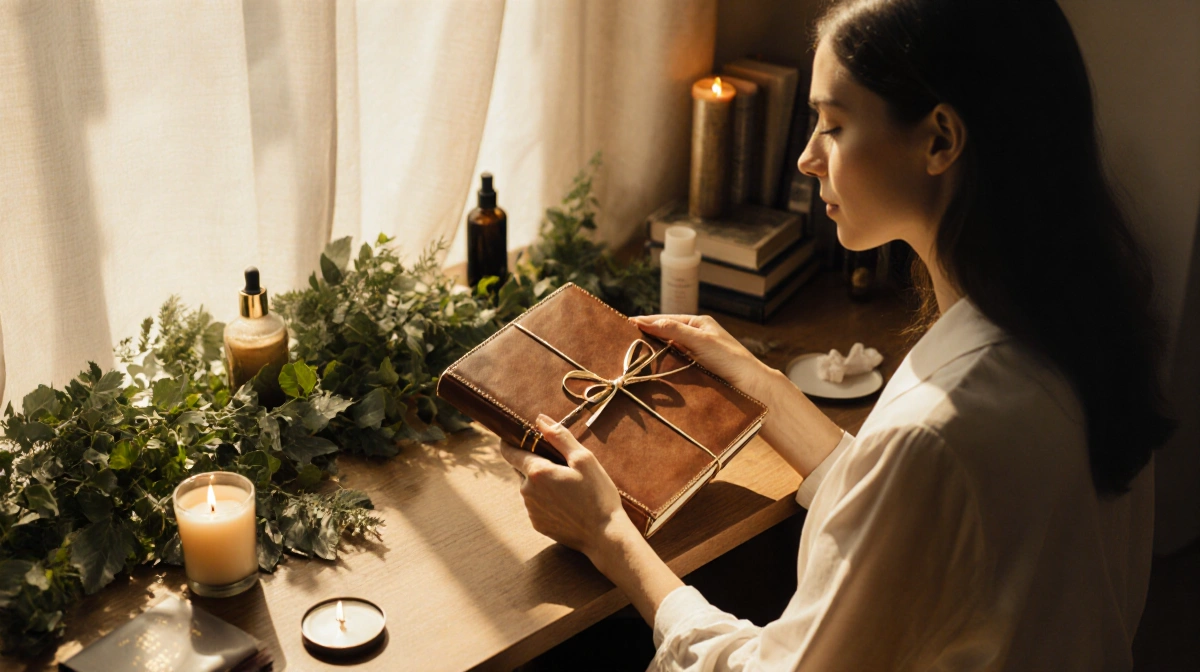Woman holding leather journal with candles and personal care items on wooden desk near window