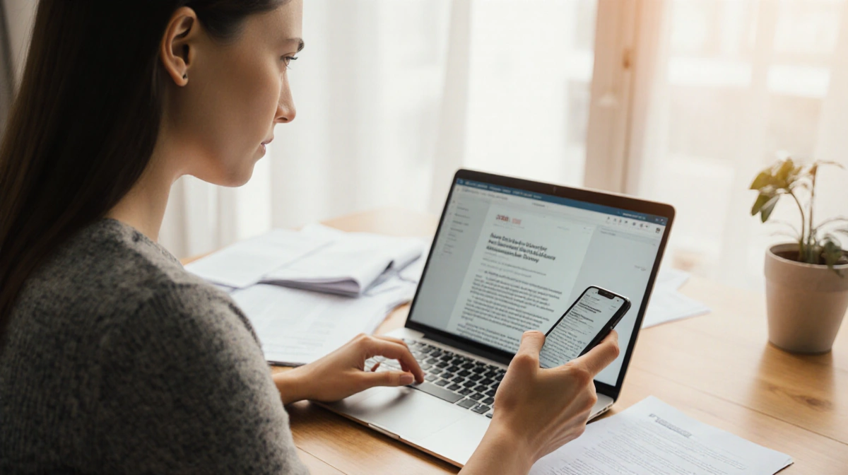 Woman checking smartphone with laptop and financial papers showing focused money management planning (92 chars)