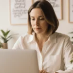 Woman working on laptop with plants and motivational wall art creating inspiring workspace