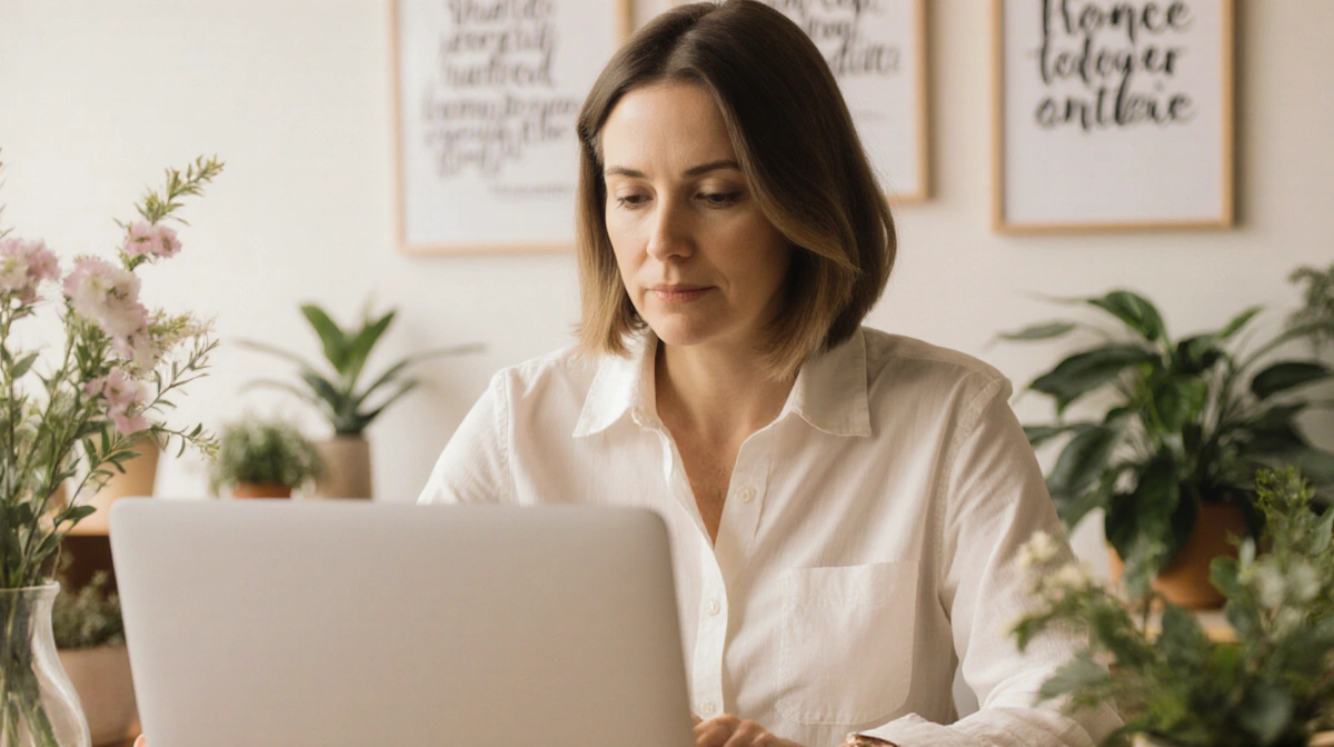Woman working on laptop with plants and motivational wall art creating inspiring workspace