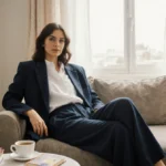 Woman relaxes on plush couch wearing wide-leg lounge pants with white blouse and blazer while coffee and books rest nearby